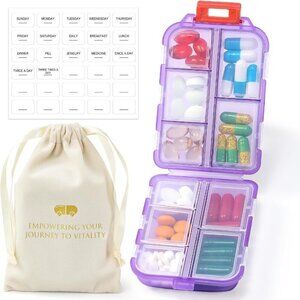 Travel Pill Organizer Labels & 1 Drawstring Pouch, Small 10 Compartments PURPLE